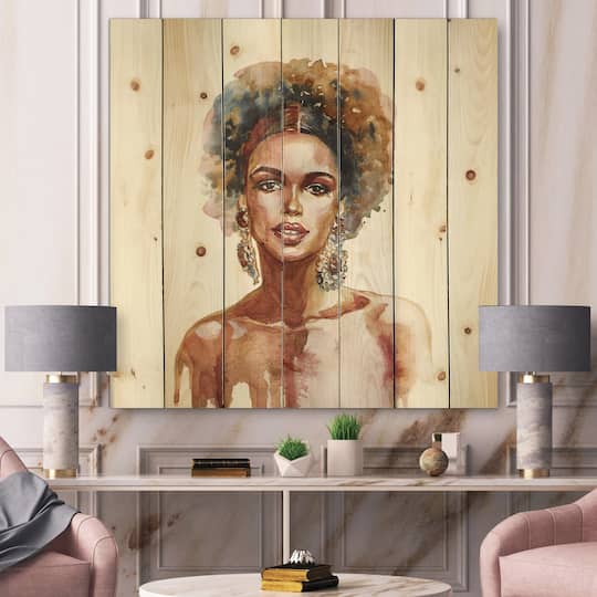 Designart - Portrait of African American Woman V - Modern Print on Natural Pine Wood